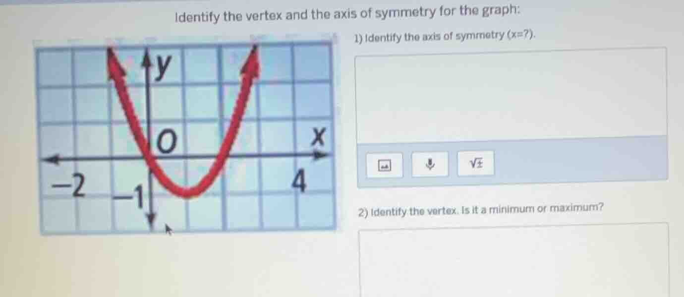 identify the vertex and the axis of symmetry for the graph: 1) identify…