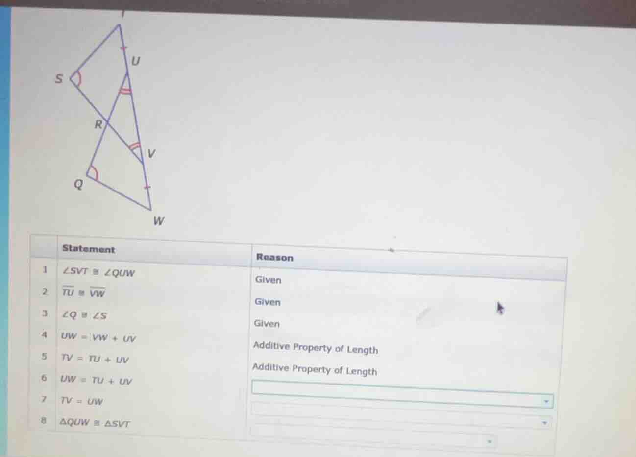 statement reason 1 $\\angle svt \\cong \\angle quw$ given 2 $\\overline…