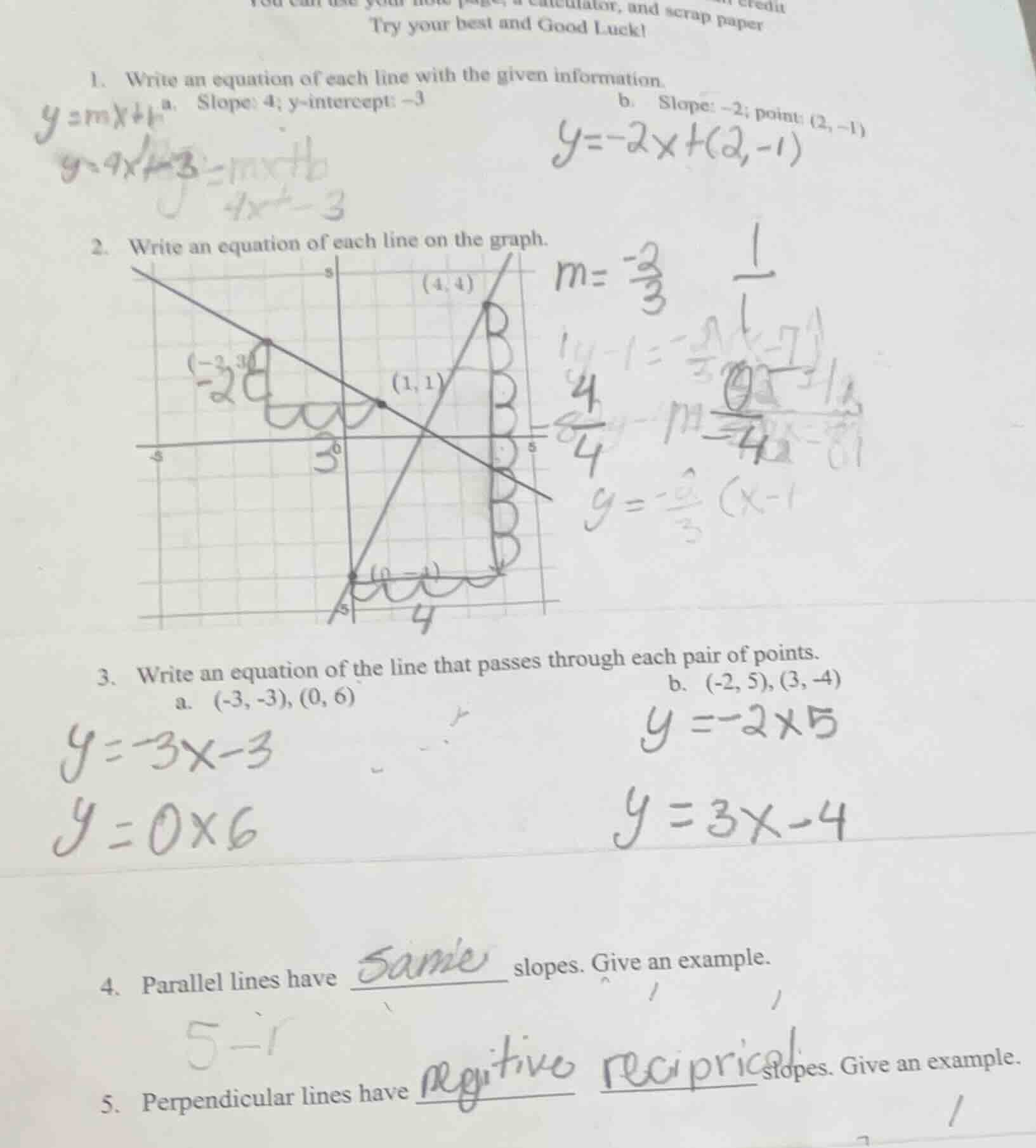 try your best and good luck! 1. write an equation of each line with the…