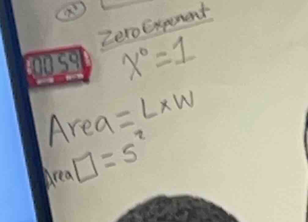 zero exponent $x^0 = 1$ $area = l \\times w$ $area\\square = 5^2$