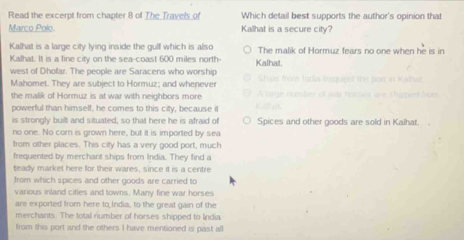 read the excerpt from chapter 8 of the travels of marco polo. kalhat is…