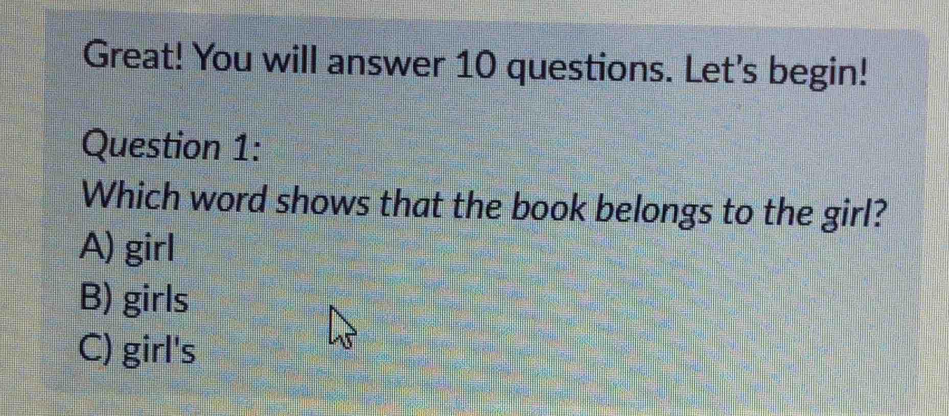 great! you will answer 10 questions. lets begin! question 1: which word…