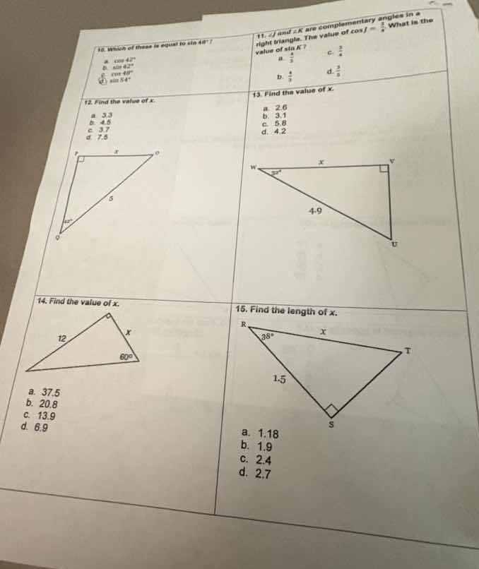 10. which of these is equal to (sin 48^circ)? a. (cos 42^circ) b. (cos …