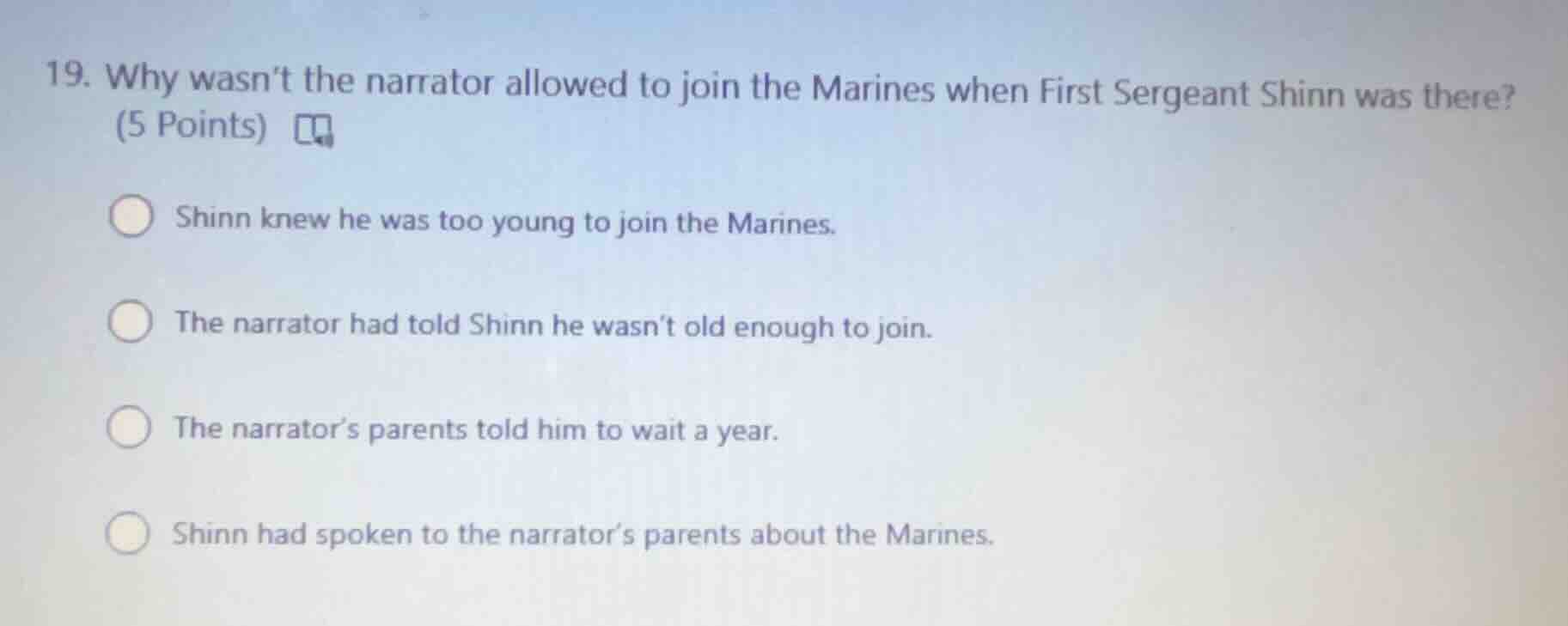 19. why wasnt the narrator allowed to join the marines when first serge…