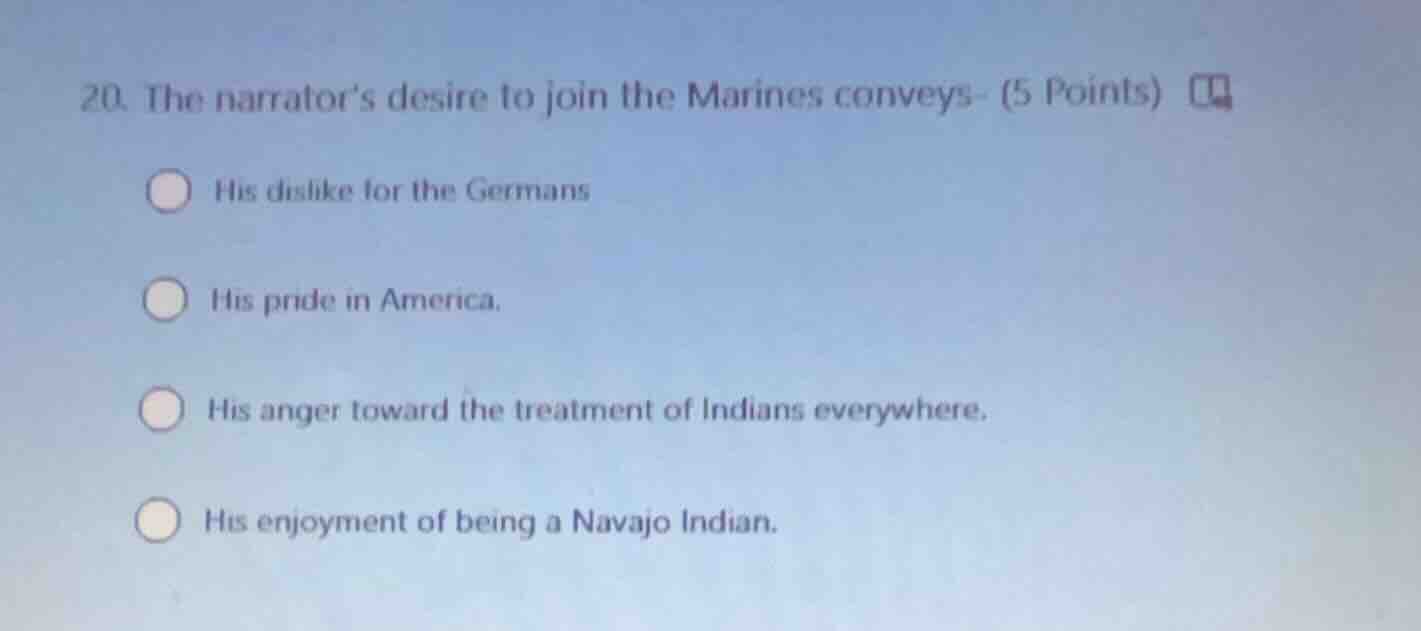 20. the narrators desire to join the marines conveys (5 points) his dis…