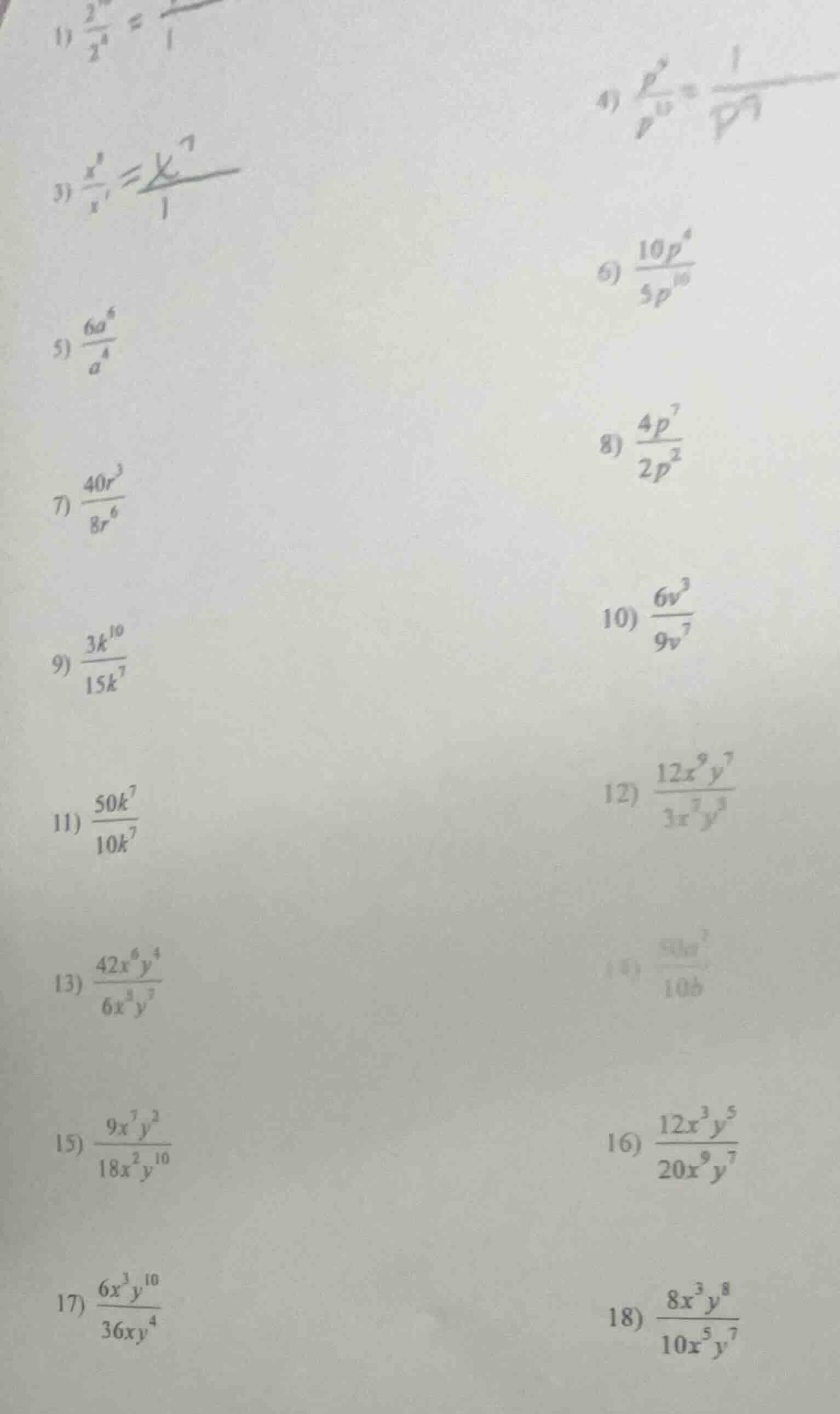 1) \\(\frac{2^{10}}{2^4}\\) = \\(\frac{\\quad}{1}\\) 3) \\(\frac{x^8}{x…