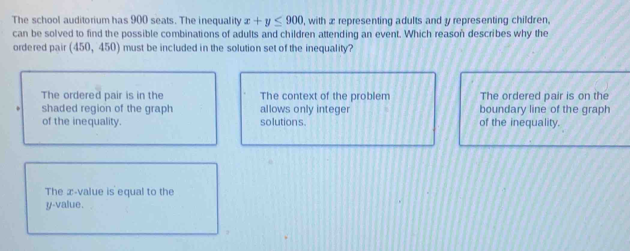 the school auditorium has 900 seats. the inequality $x + y \\leq 900$, …