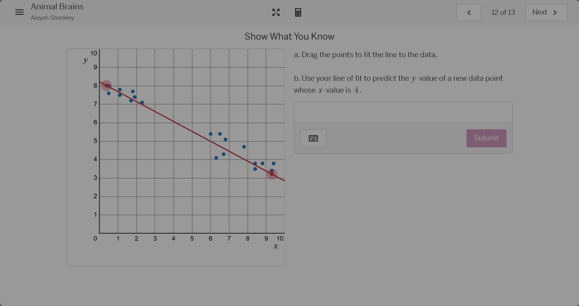 show what you know a. drag the points to fit the line to the data. b. u…