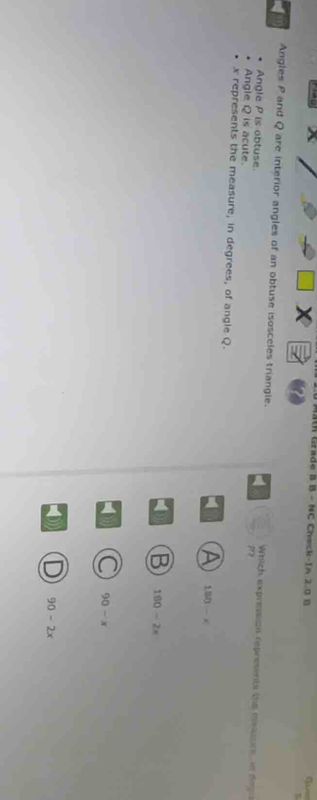 angles p and q are interior angles of an obtuse isosceles triangle. - a…