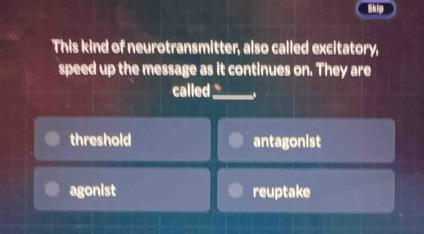 this kind of neurotransmitter, also called excitatory, speed up the mes…