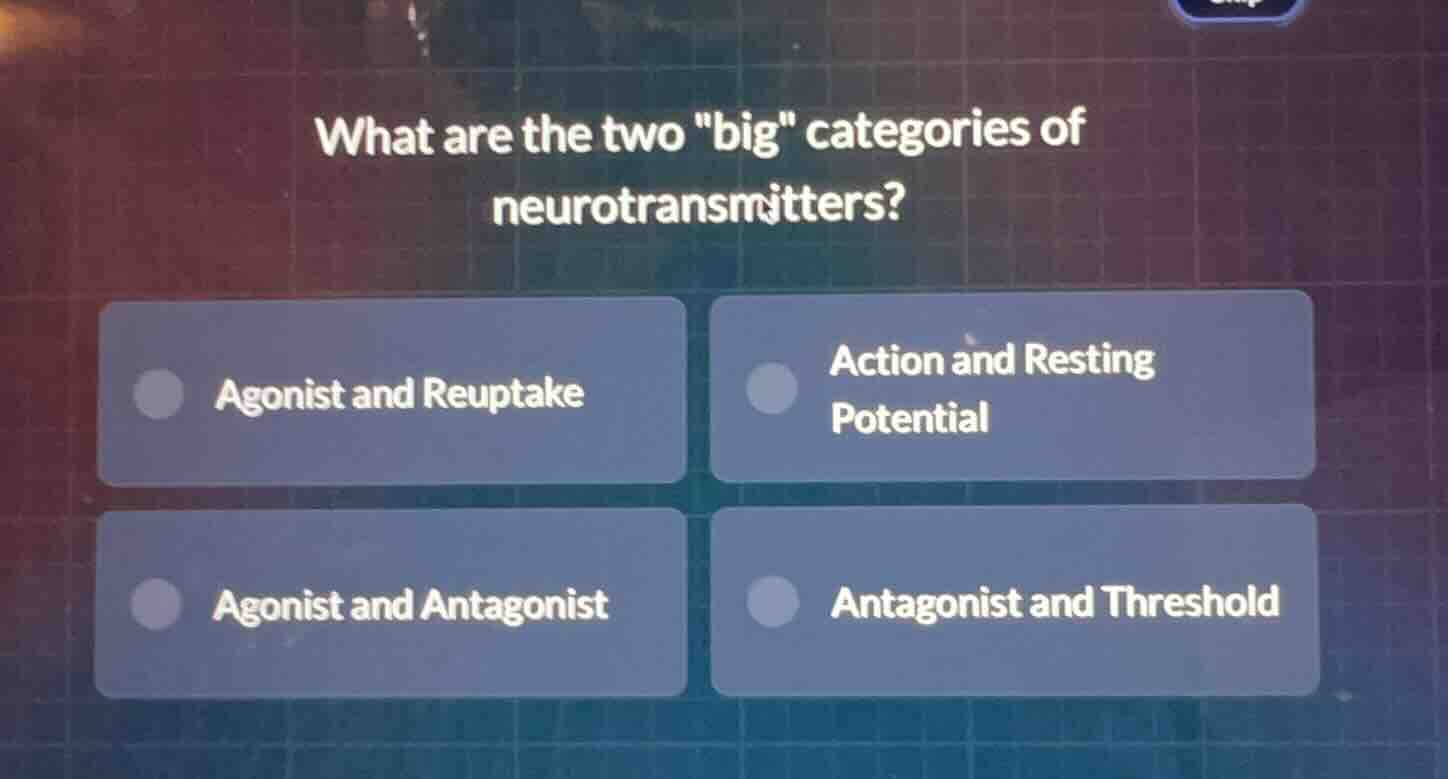 what are the two \big\ categories of neurotransmitters? agonist and reu…