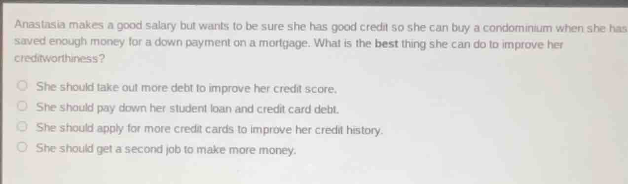 anastasia makes a good salary but wants to be sure she has good credit …