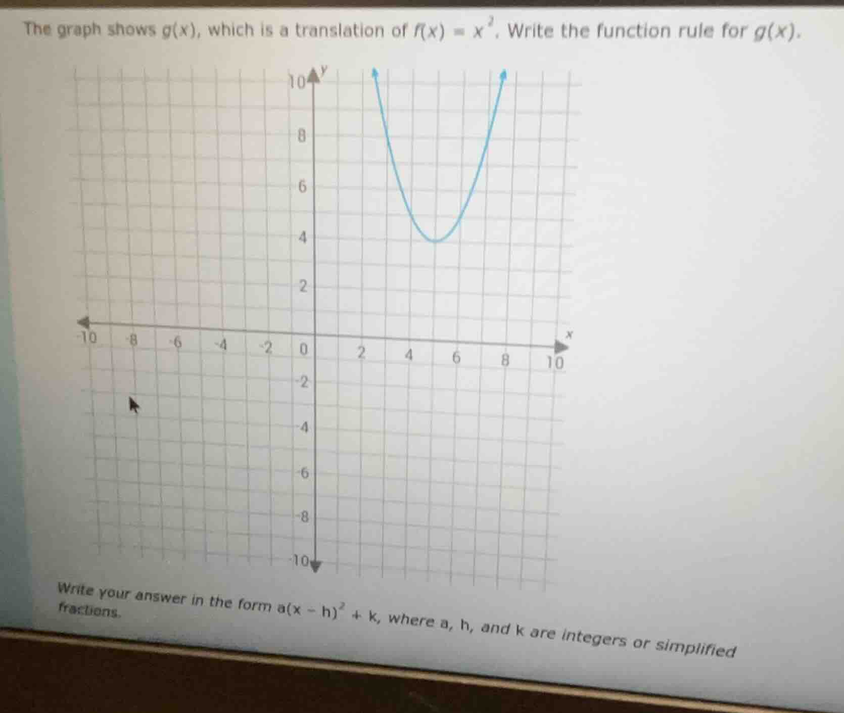 the graph shows g(x), which is a translation of f(x) = x². write the fu…