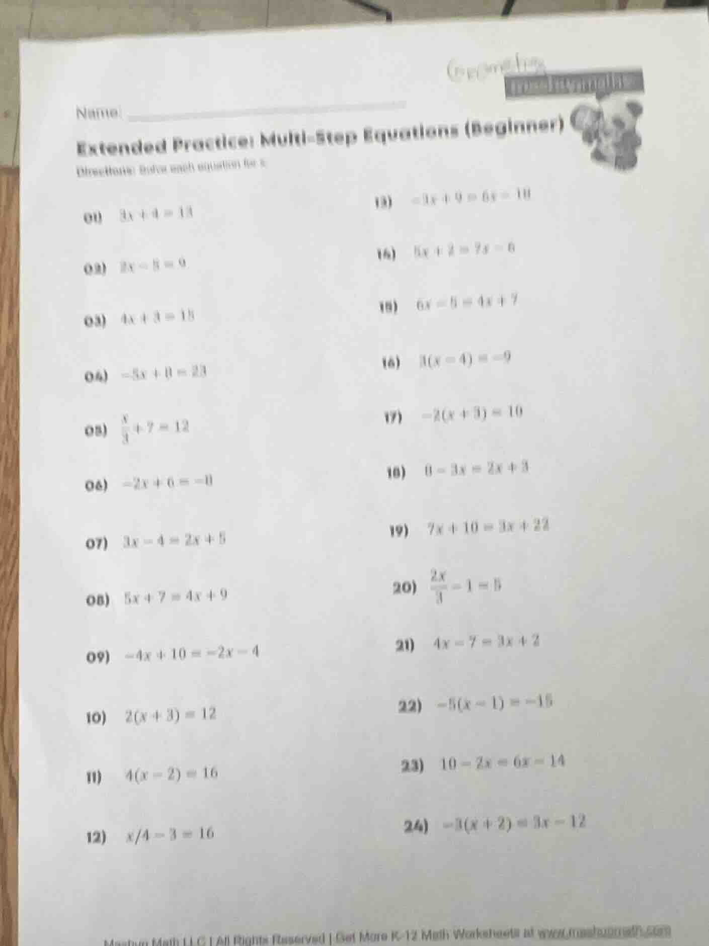 name: extended practice: multi - step equations (beginner) directions: …