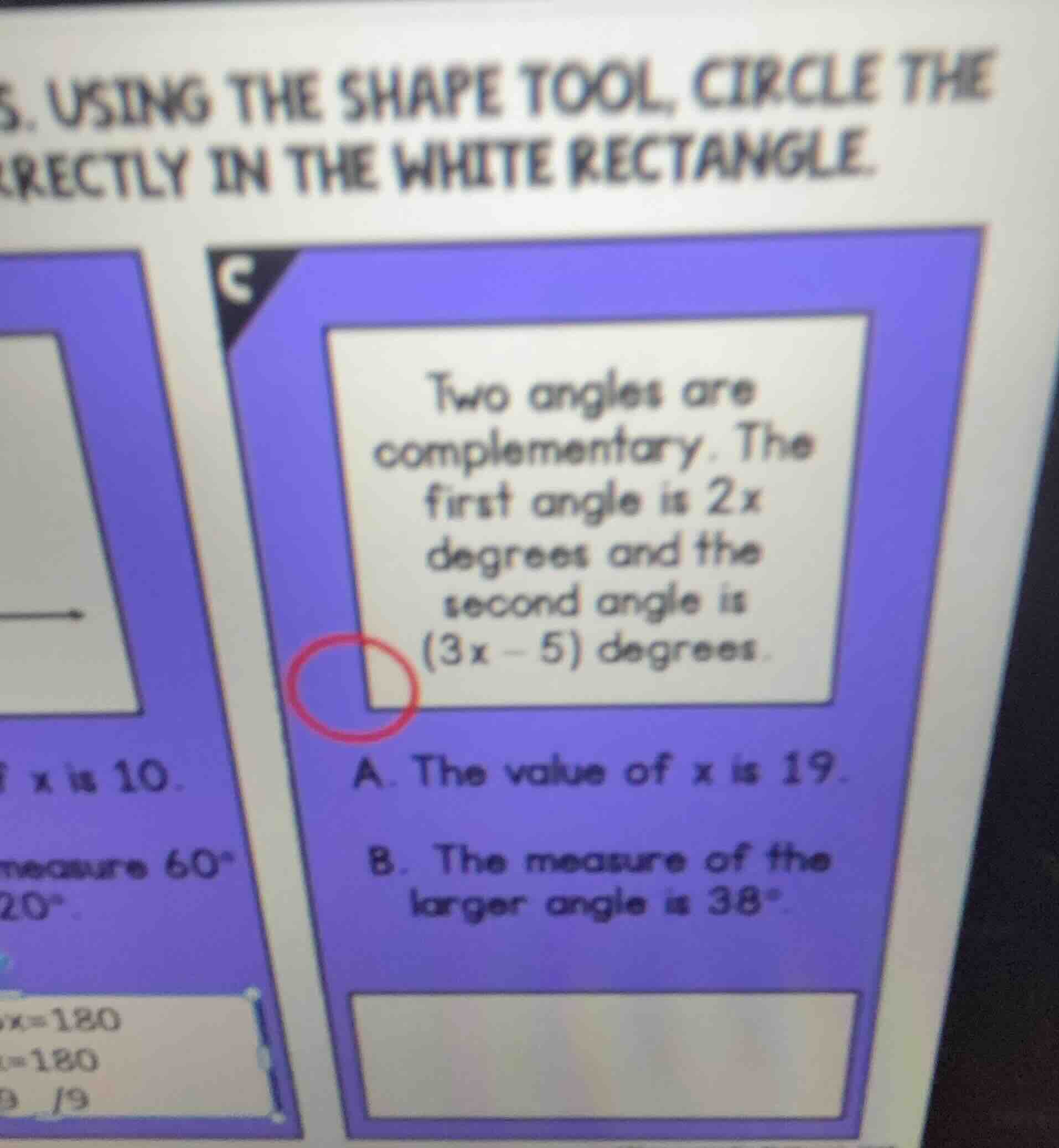 5. using the shape tool, circle the correctly in the white rectangle. t…