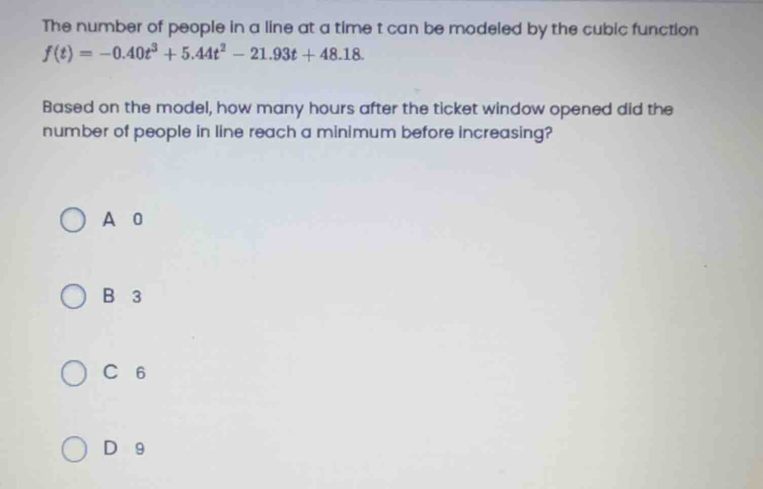 the number of people in a line at a time t can be modeled by the cubic …