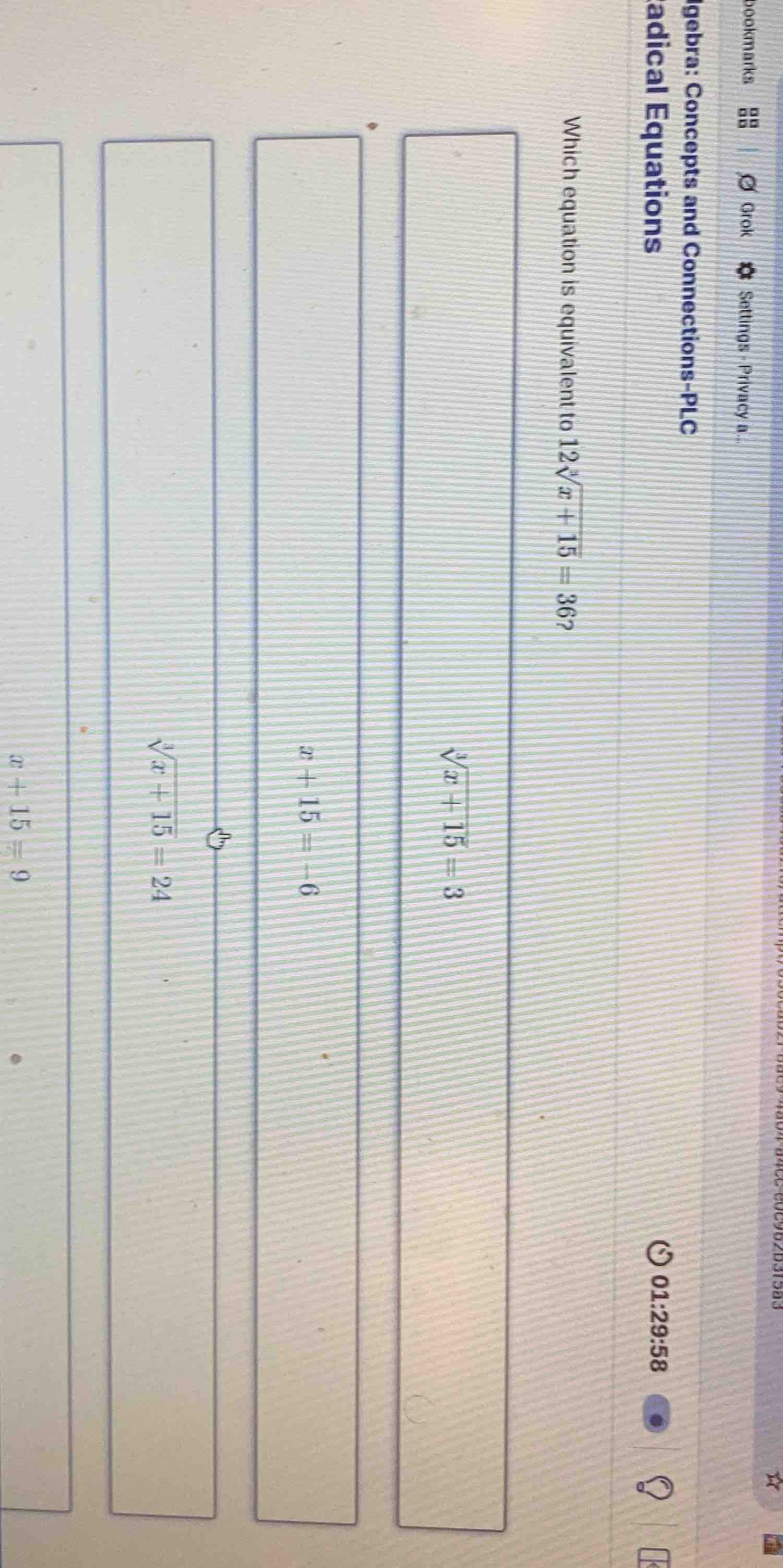 which equation is equivalent to $12\\sqrt{x + 15} = 36$? options: $\\sq…