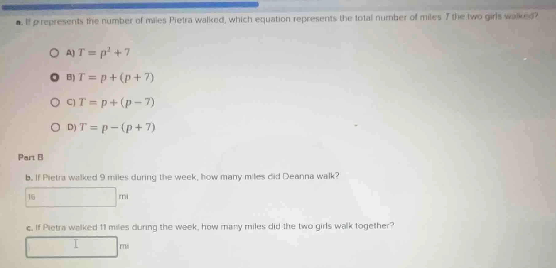 a. if p represents the number of miles pietra walked, which equation re…