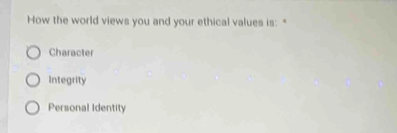 how the world views you and your ethical values is: character integrity…