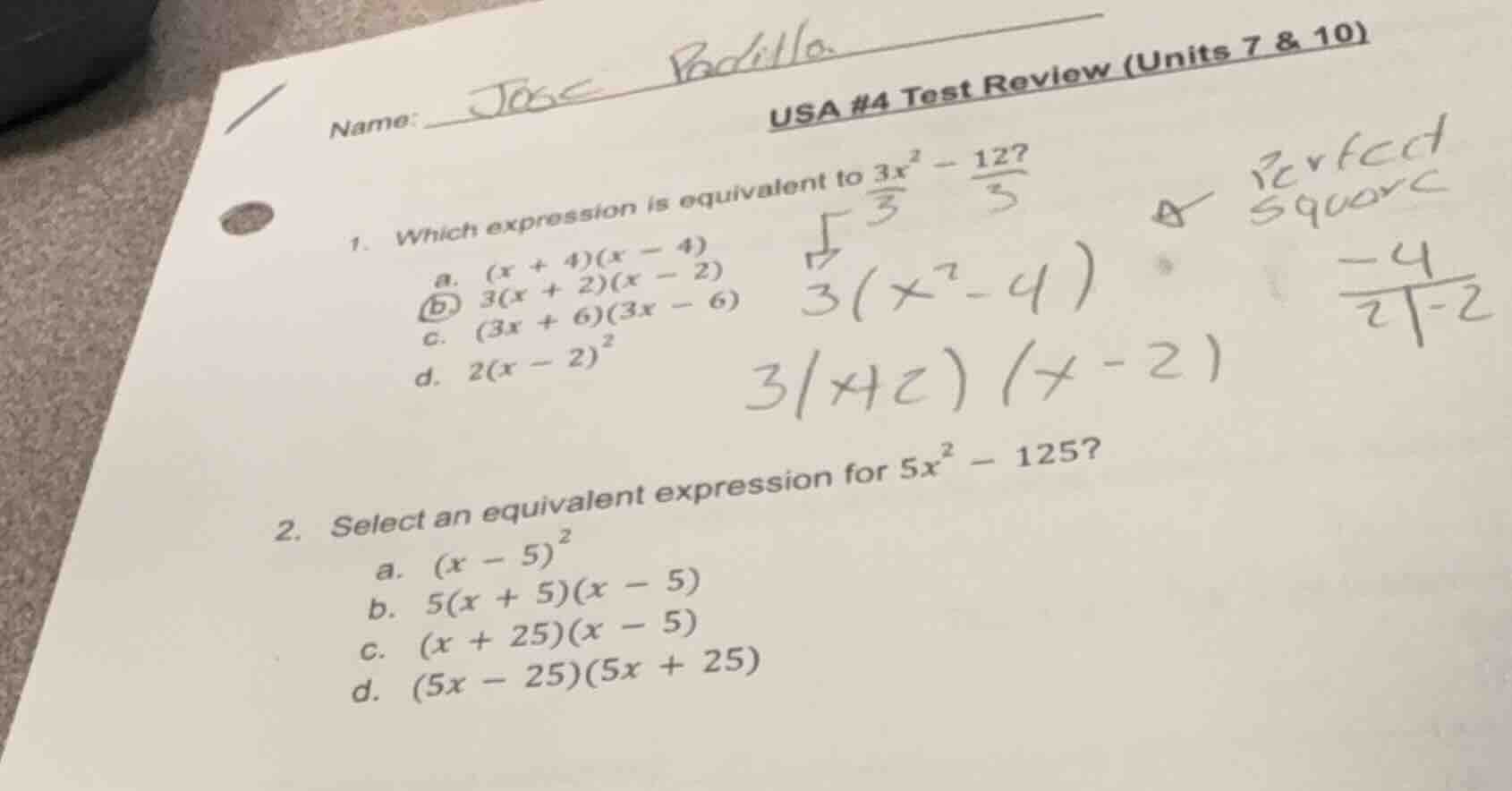 name: jose bodilla usa #4 test review (units 7 & 10) 1. which expressio…