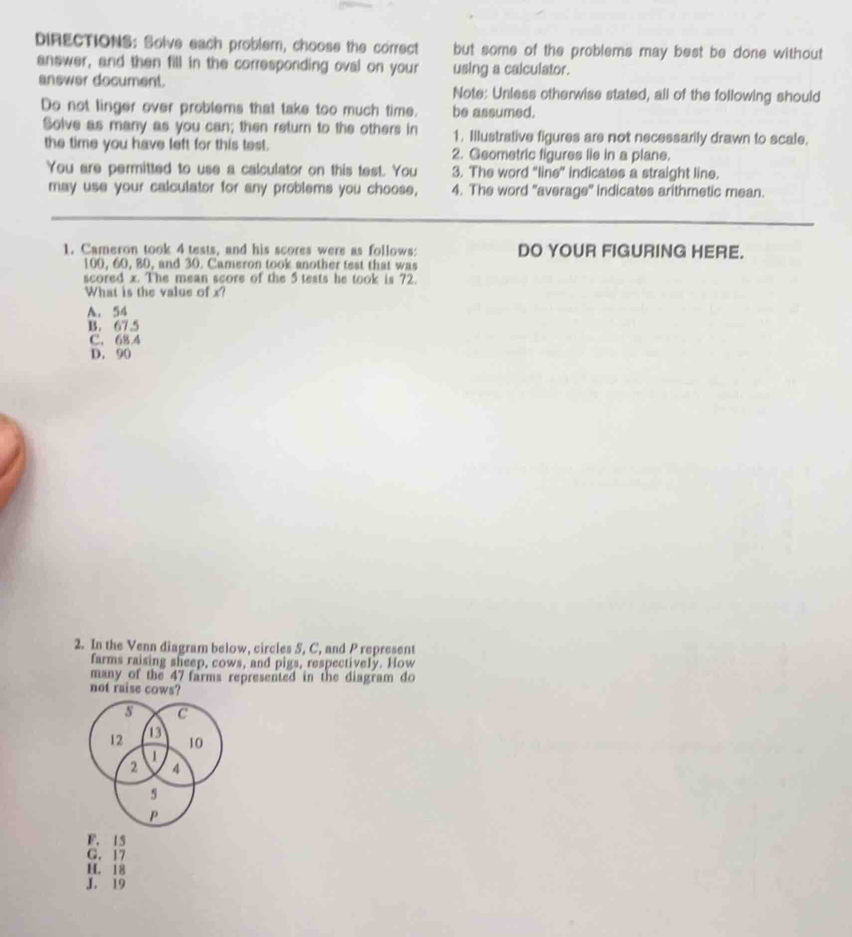 directions: solve each problem, choose the correct answer, and then fil…