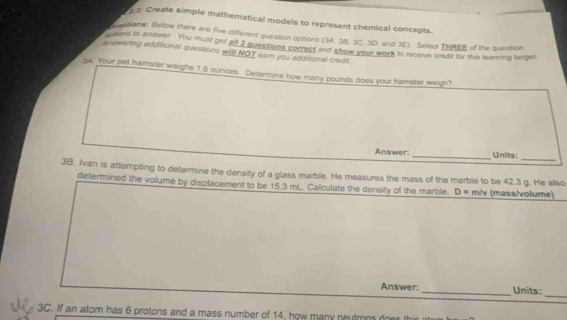 2.3: create simple mathematical models to represent chemical concepts. …