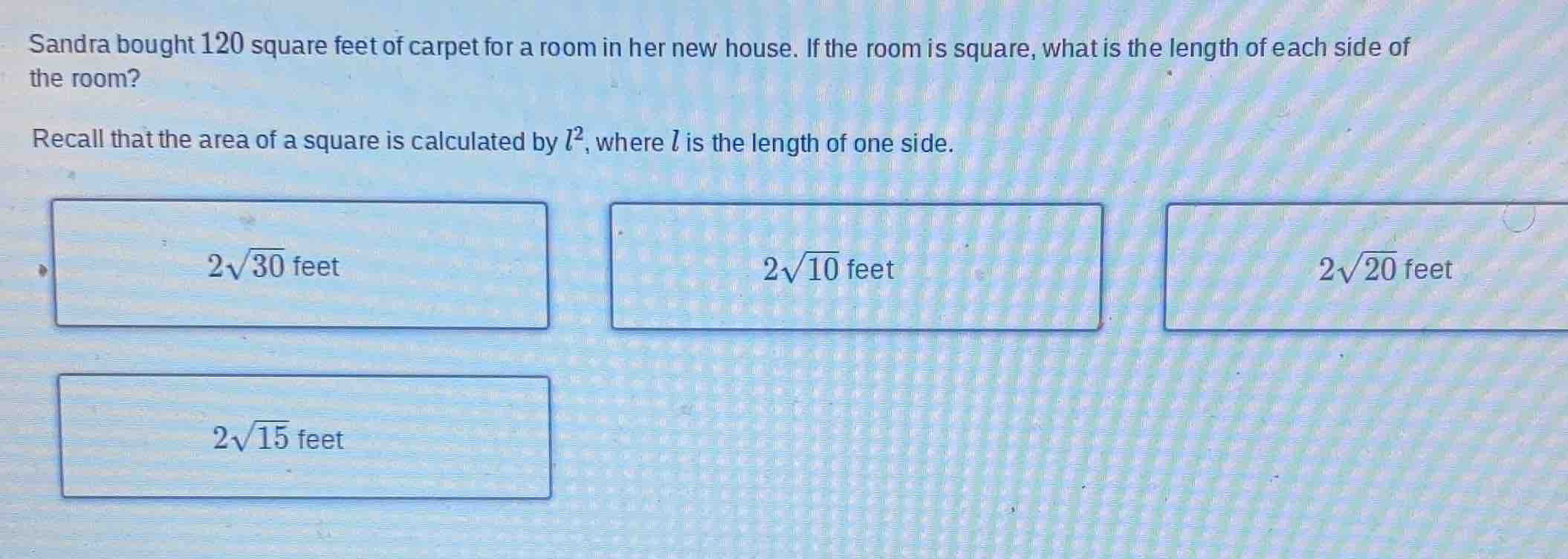 sandra bought 120 square feet of carpet for a room in her new house. if…