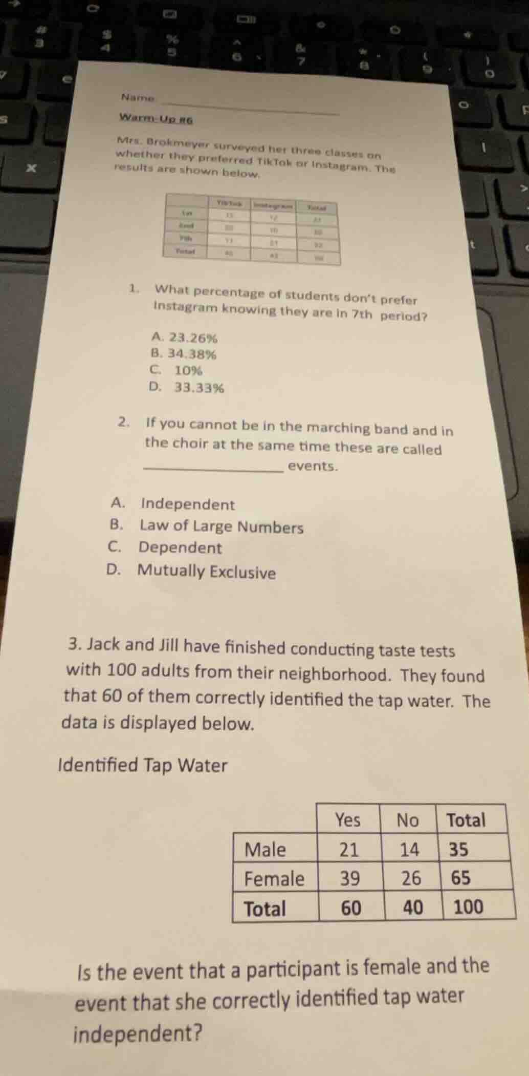 name warm-up #6 mrs. brokmeyer surveyed her three classes on whether th…