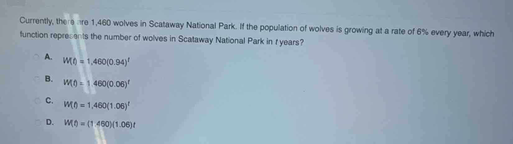 currently, there are 1,460 wolves in scataway national park. if the pop…