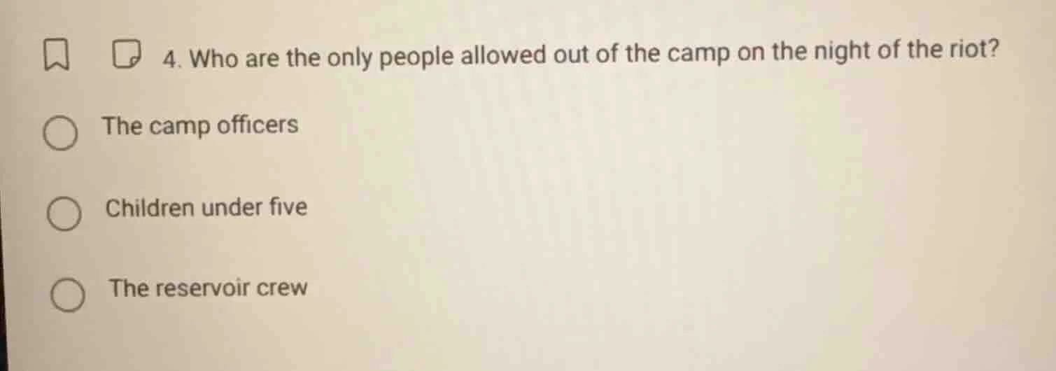 4. who are the only people allowed out of the camp on the night of the …