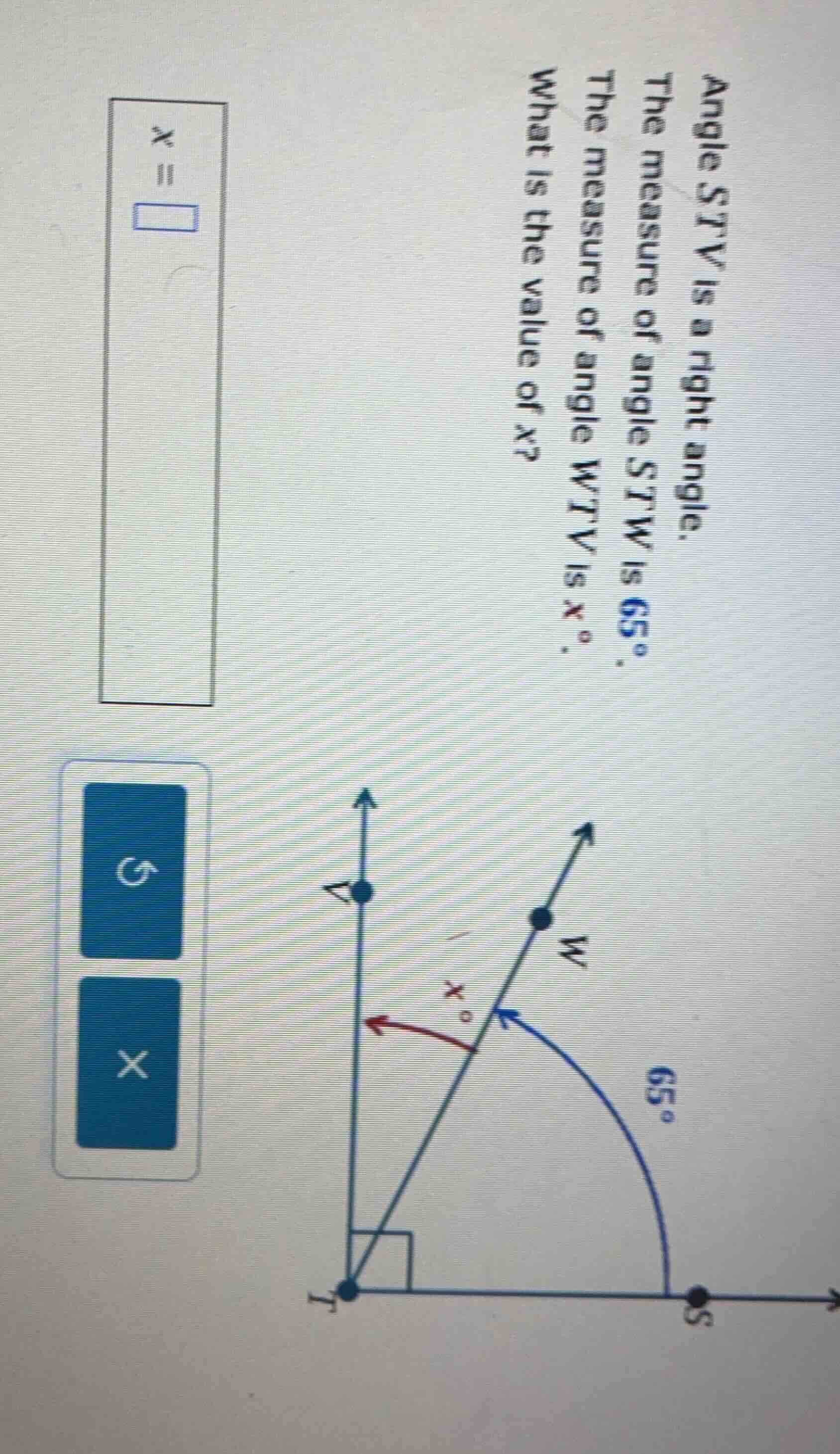 angle stv is a right angle. the measure of angle stw is 65°. the measur…