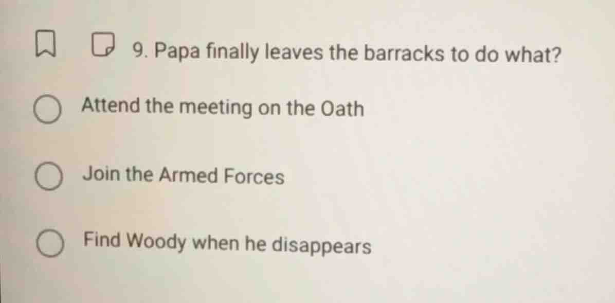 9. papa finally leaves the barracks to do what? attend the meeting on t…