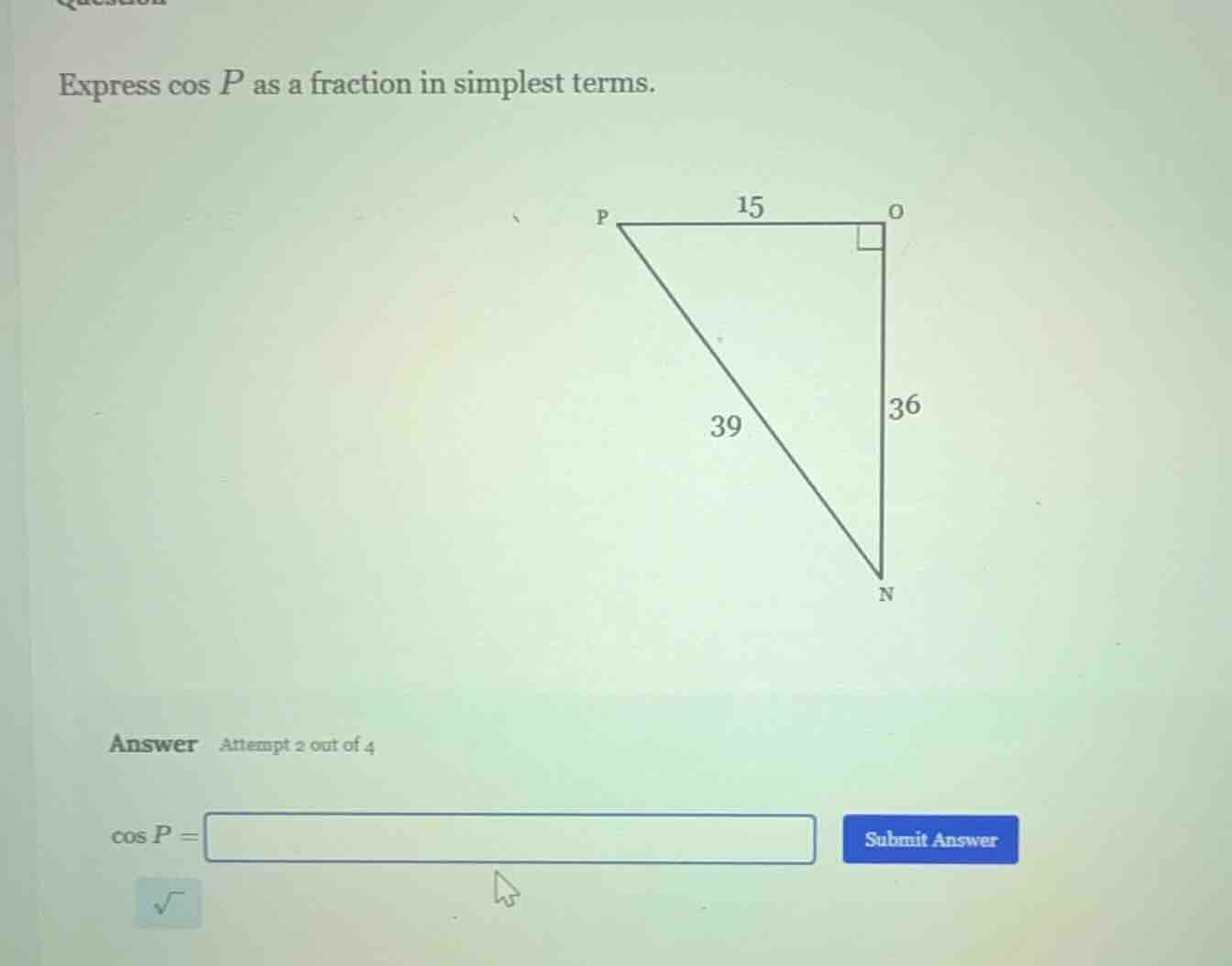 express \\(\\cos p\\) as a fraction in simplest terms.