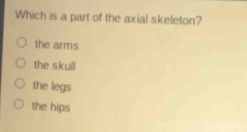 which is a part of the axial skeleton? the arms the skull the legs the …