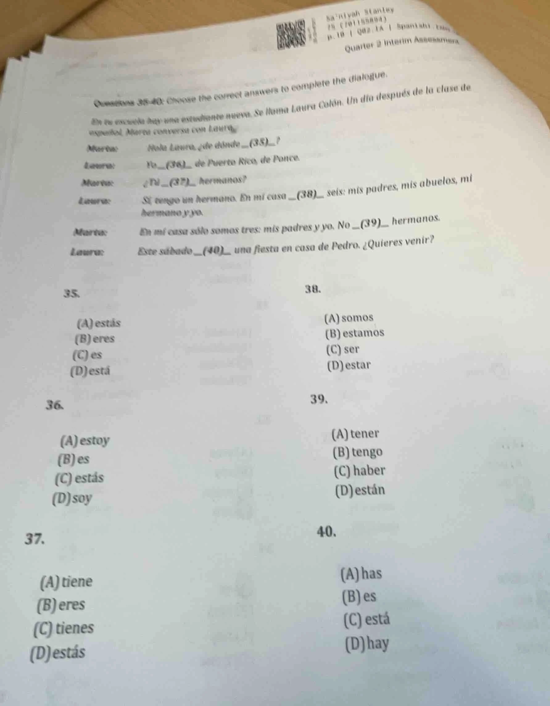 questions 35 - 40: choose the correct answers to complete the dialogue.…