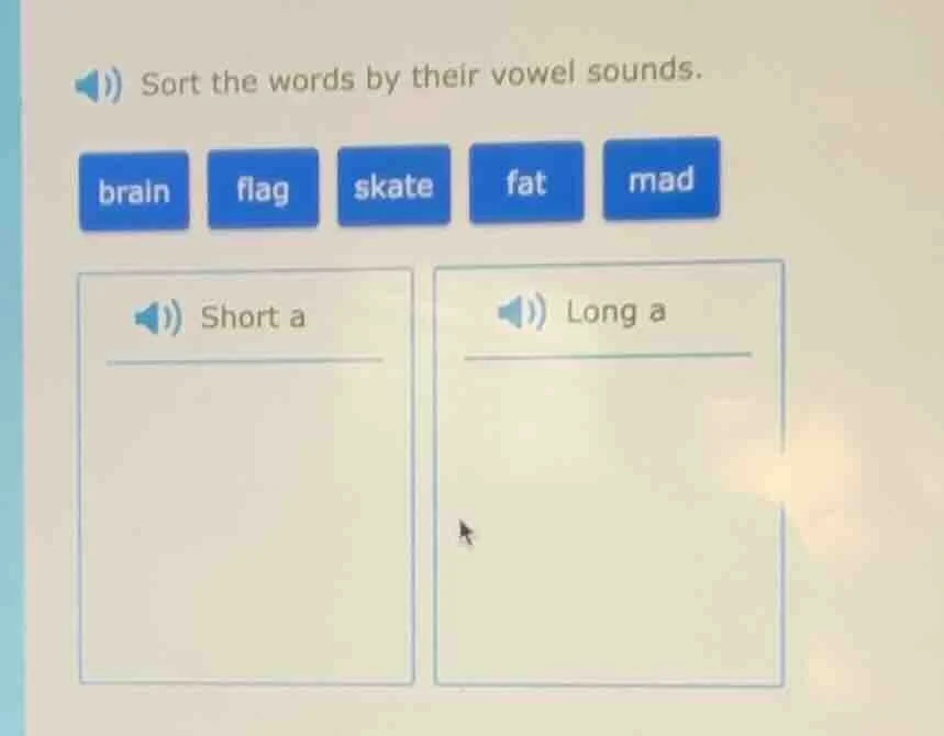 sort the words by their vowel sounds. brain flag skate fat mad short a …
