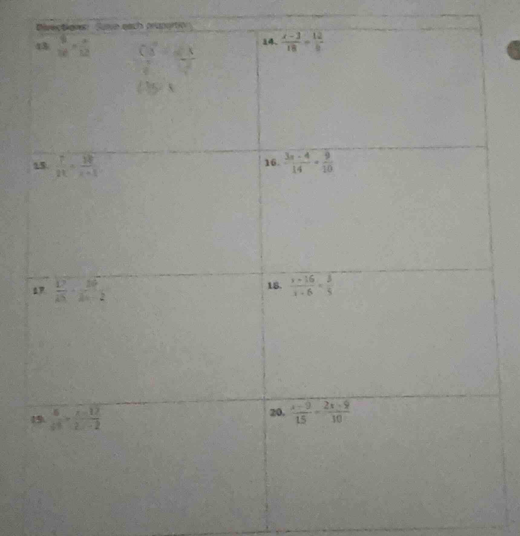 13. \\(\\frac{9}{10} = \\frac{x}{52}\\)\ 14. \\(\\frac{x - 3}{18} = \\f…