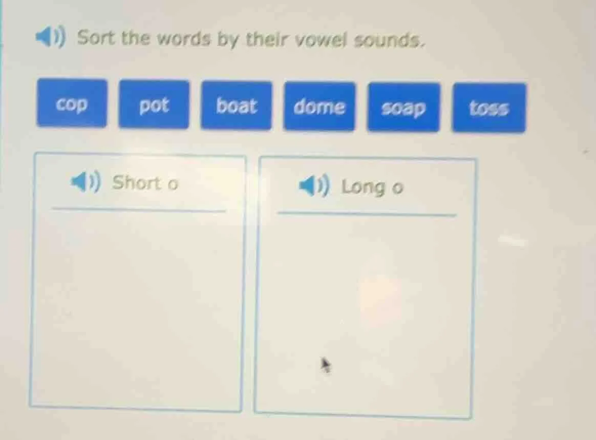 sort the words by their vowel sounds. cop pot boat dome soap toss short…