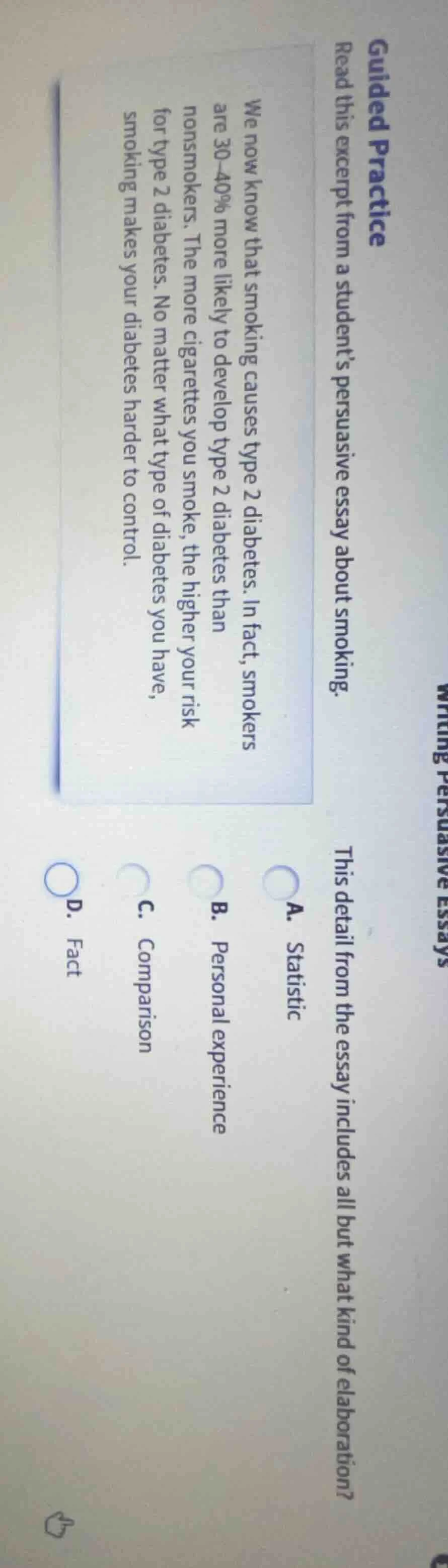 guided practice read this excerpt from a student’s persuasive essay abo…