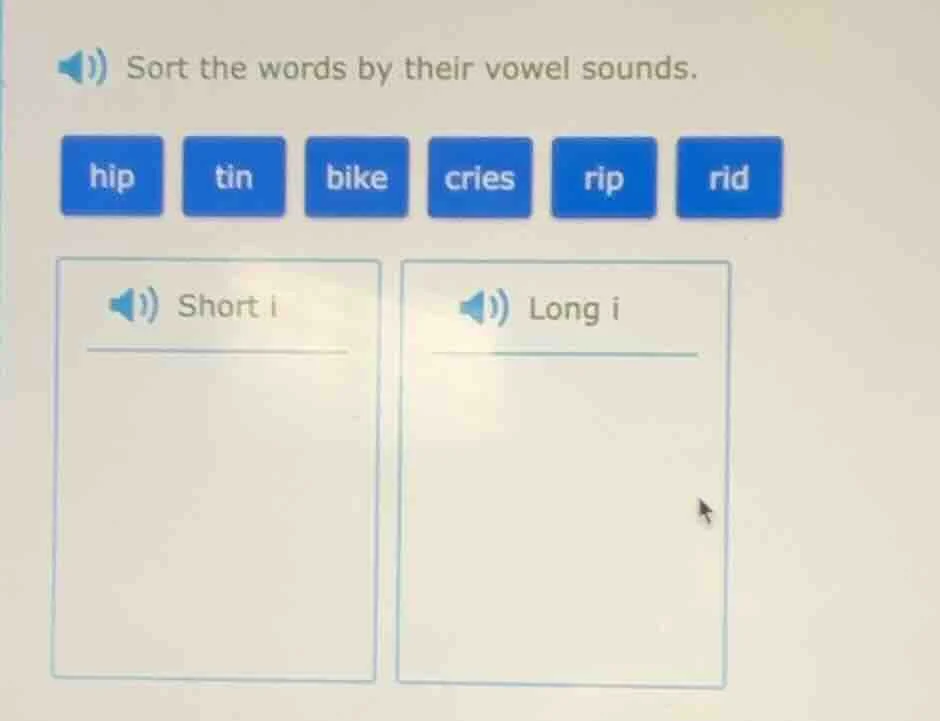 sort the words by their vowel sounds. hip tin bike cries rip rid short …