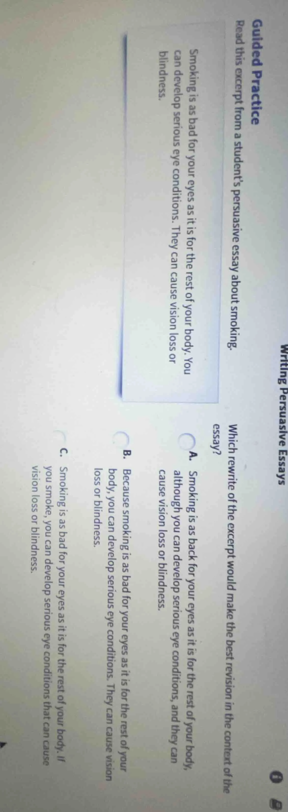 guided practice read this excerpt from a student’s persuasive essay abo…