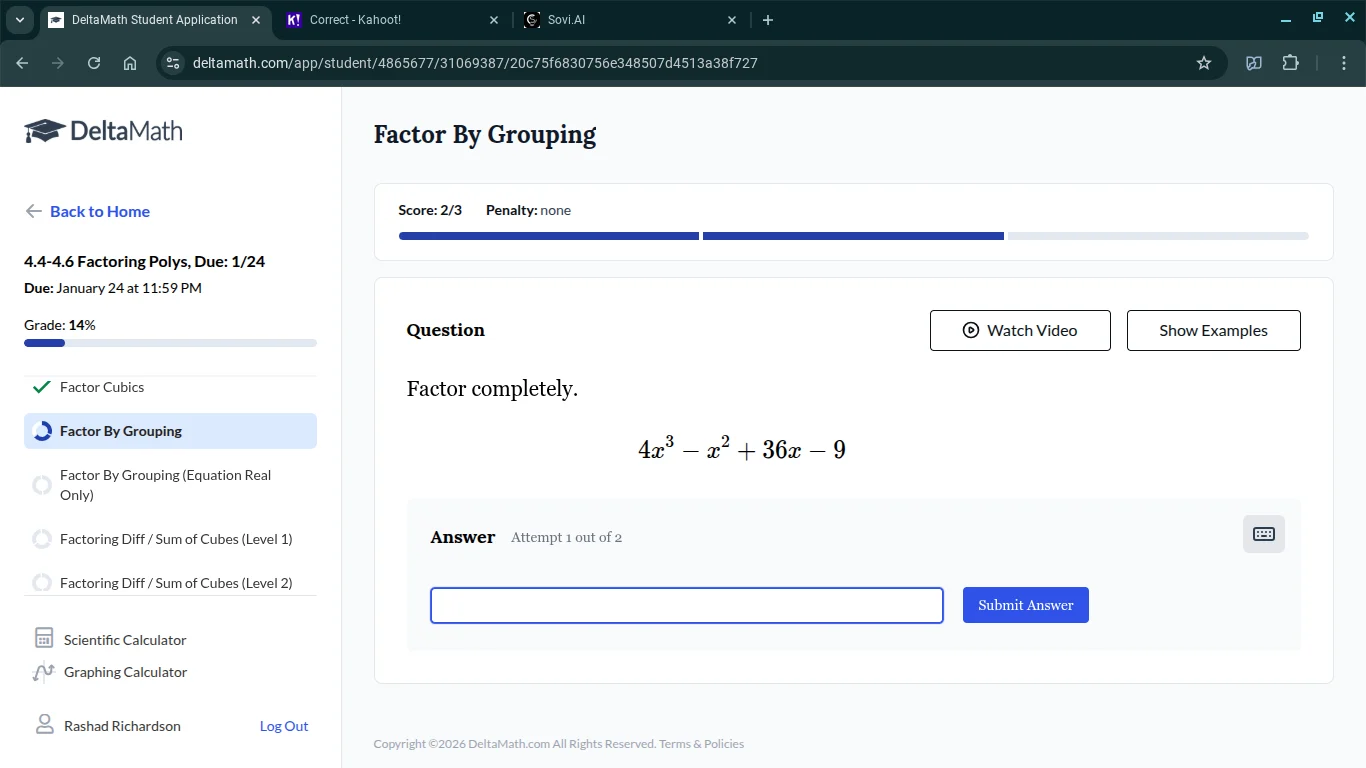 factor completely. $4x^3 - x^2 + 36x - 9$