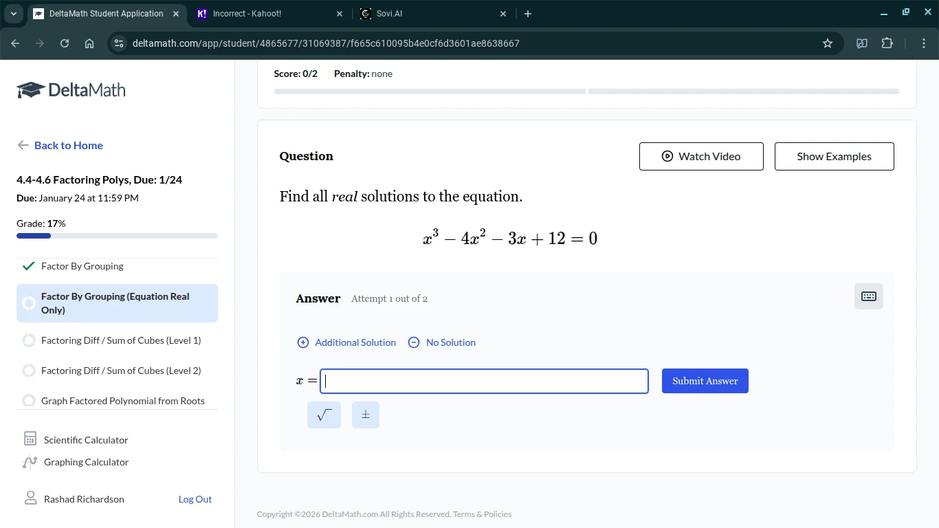 find all real solutions to the equation. $x^3 - 4x^2 - 3x + 12 = 0$