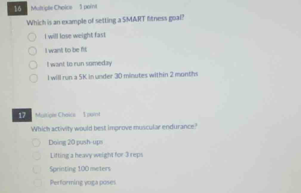 16 multiple choice 1 point which is an example of setting a smart fitne…