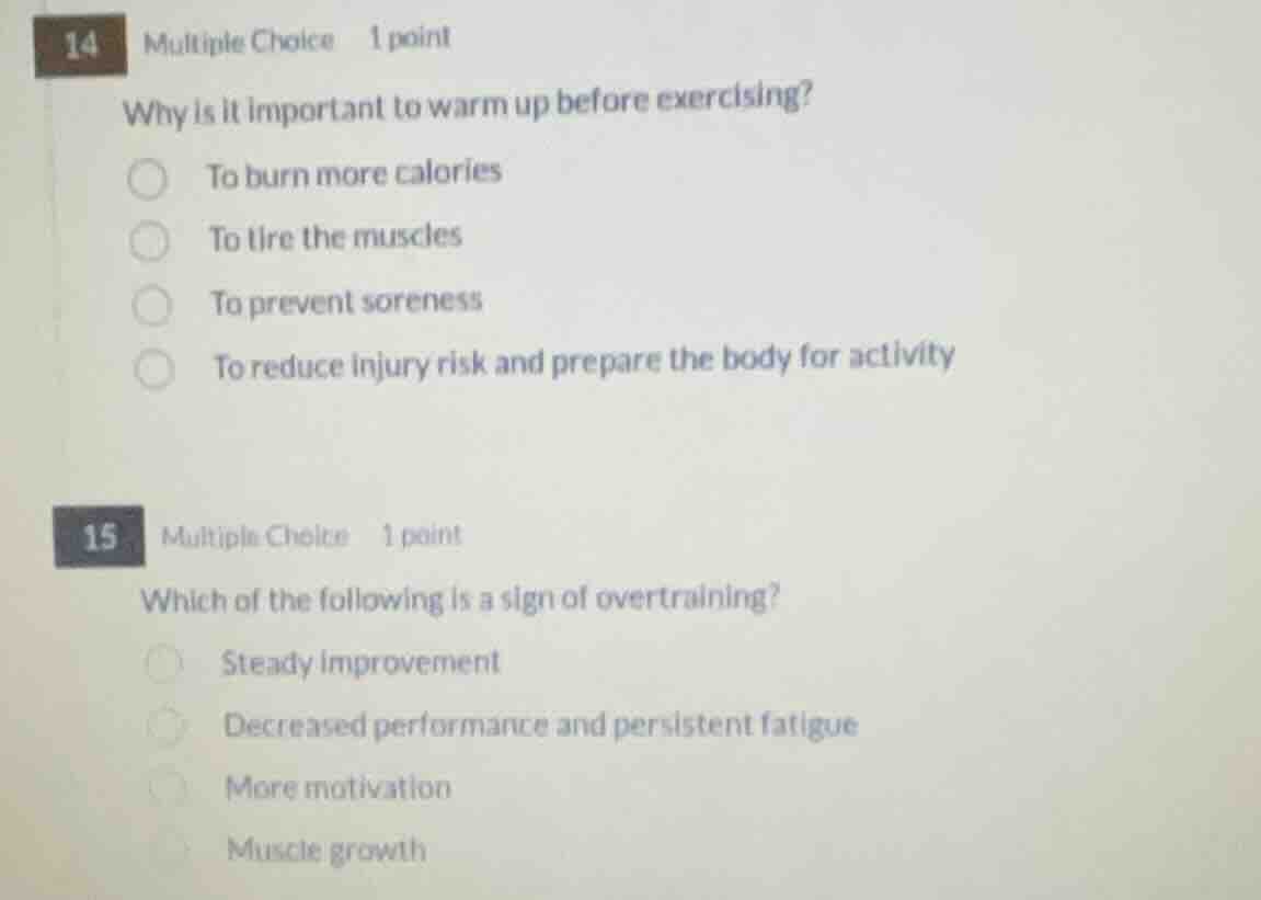 14 multiple choice 1 point why is it important to warm up before exerci…