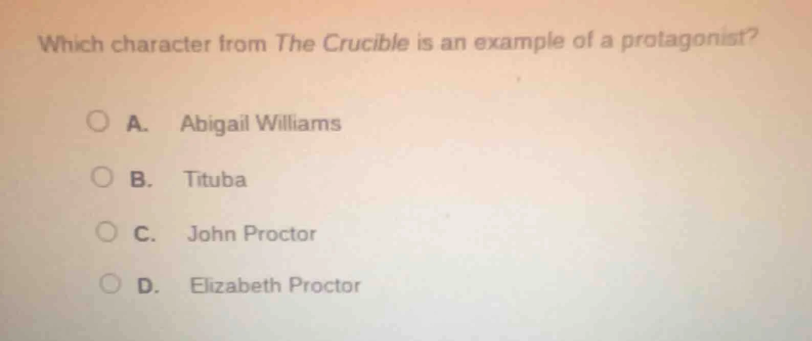 which character from the crucible is an example of a protagonist? a. ab…