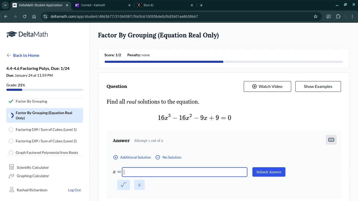 find all real solutions to the equation. $16x^3 - 16x^2 - 9x + 9 = 0$