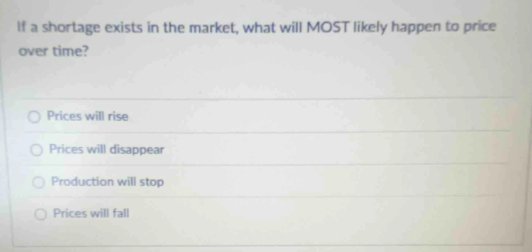 if a shortage exists in the market, what will most likely happen to pri…