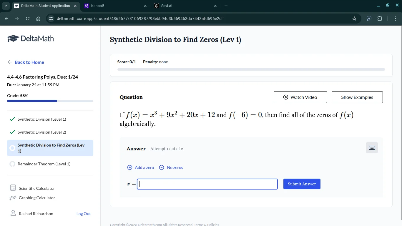 if $f(x) = x^3 + 9x^2 + 20x + 12$ and $f(-6) = 0$, then find all of the…
