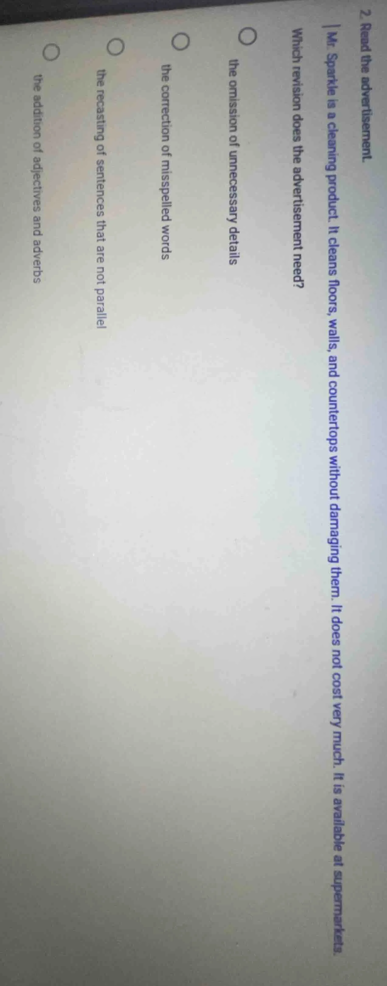 2. read the advertisement. mr. sparkle is a cleaning product. it cleans…